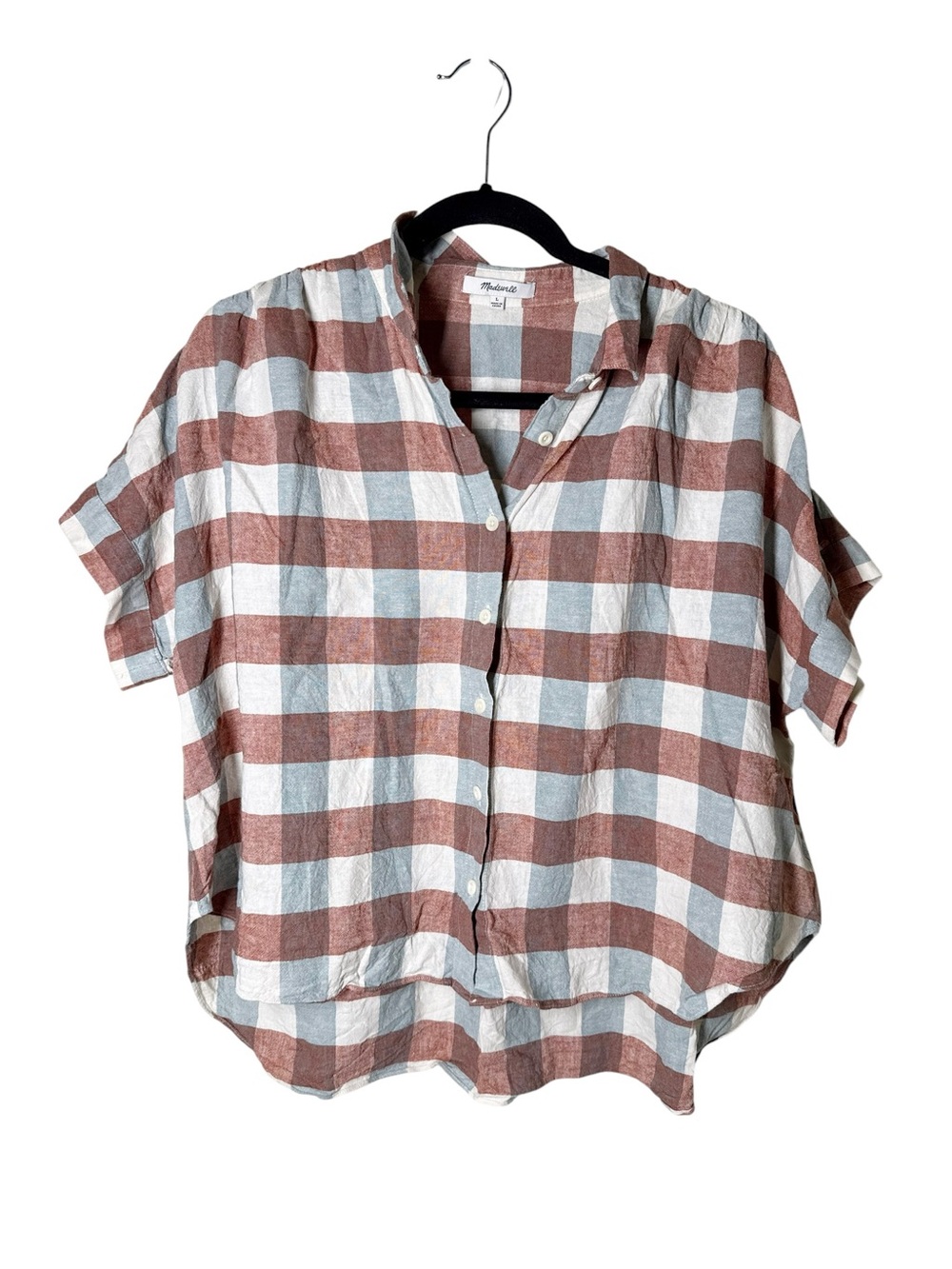 Madewell Linen-Blend Rust and White Short Sleeve Plaid Button-Down Shirt